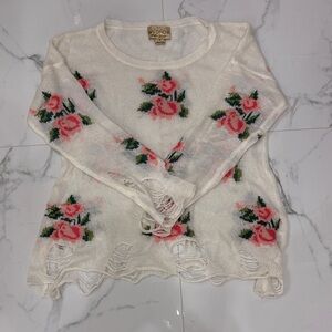 Wildfox Cream Sweater with Pink Floral Accents